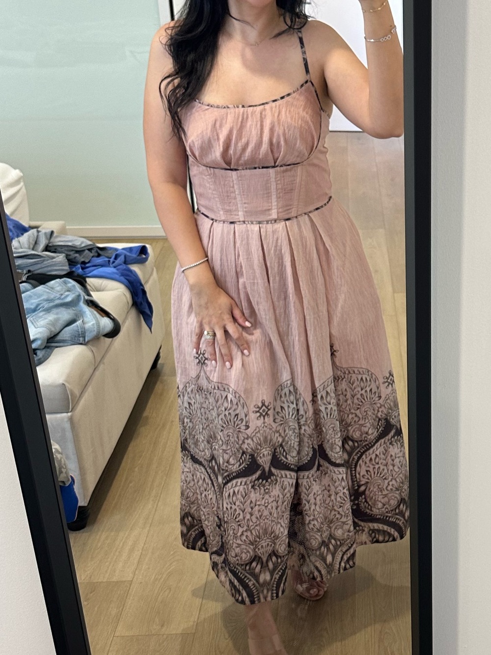 Sleeveless Mauve Pink Printed Midi Dress with Corset Waist
